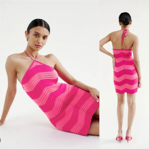 Reformation Genni Novelty Open Crochet Knit Dress Fuschia/Flambé Stripe - S